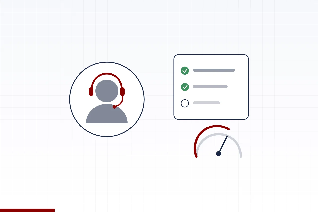 Illustration of a support consultant with checklist and uptime gauge
